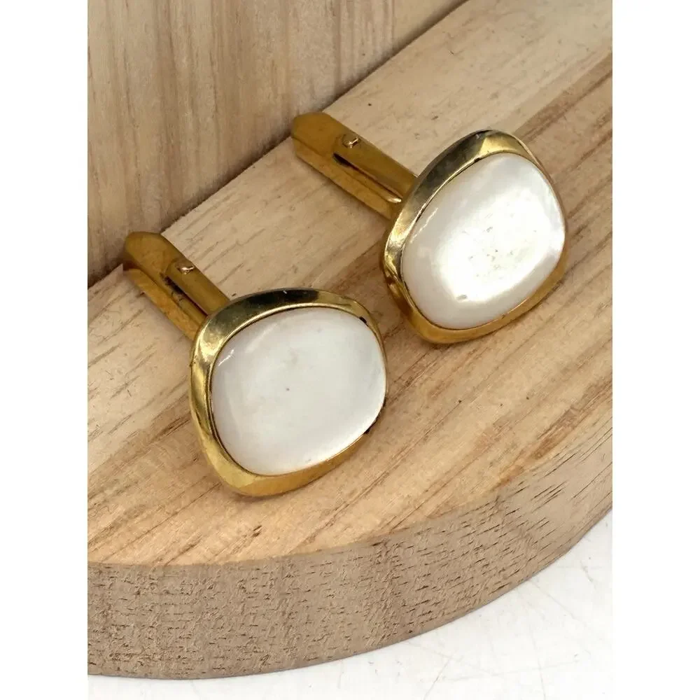 Vintage Mother of Pearl Cufflinks Cushion Square Gold Tone Mid Century MOP